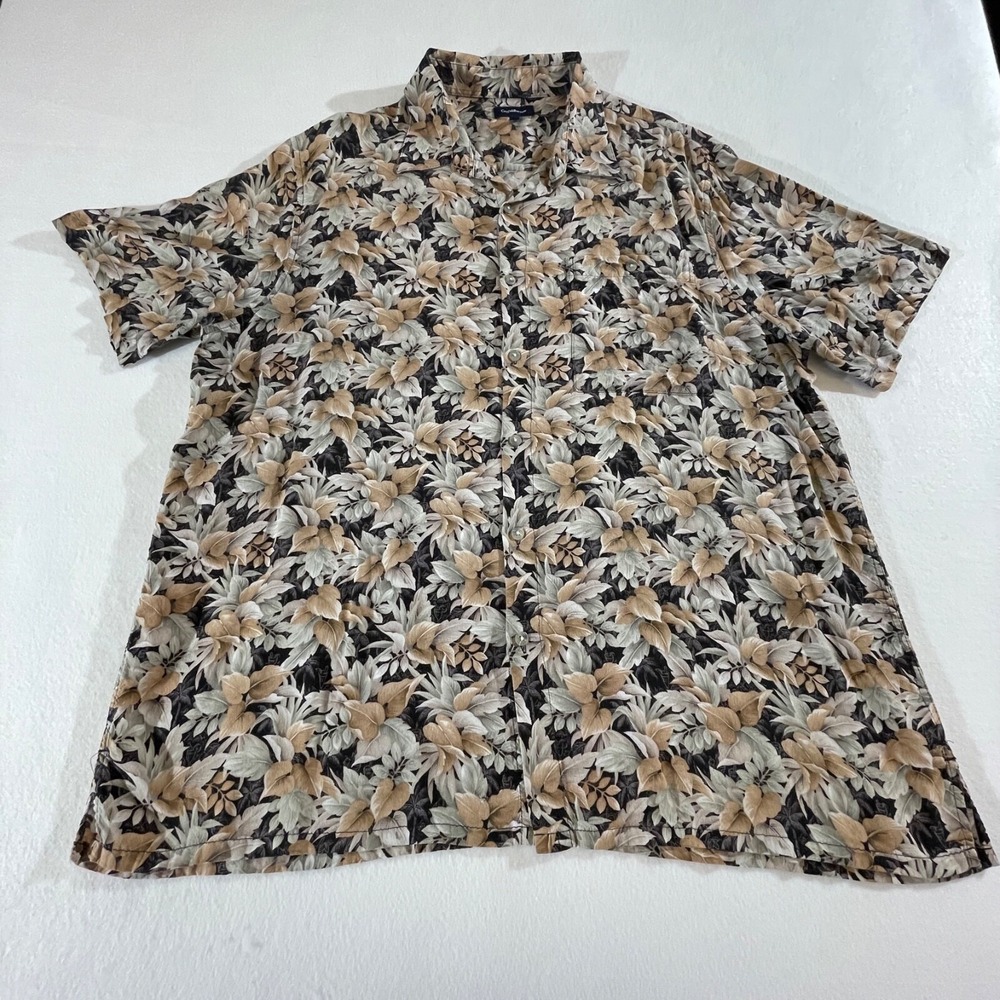 Croft and Barrow XL Moss Green Taupe Black Leaves Print Short Sleeve Mens Casual